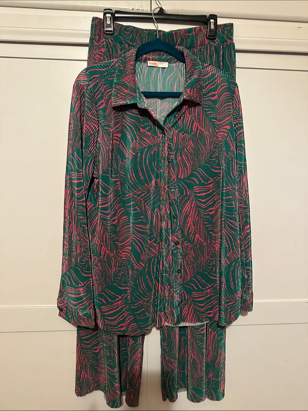 Green and Pink Patterned Button-Up Top and Pants Set